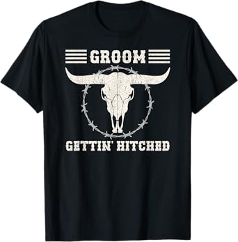 Mens Bachelor Party Groom Gettin Hitched Country Western Skull T-Shirt