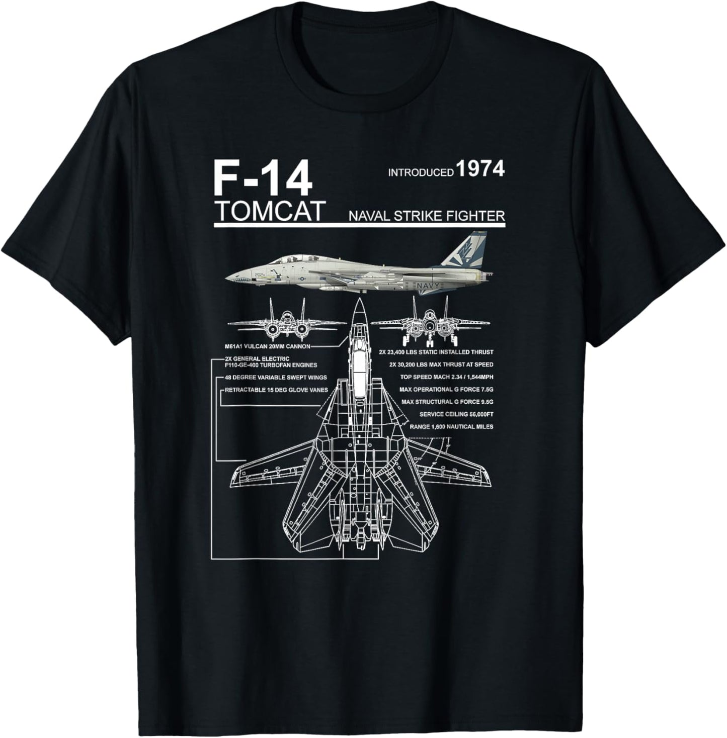 Dinosaurus Rekx F-14 Tomcat Navy Fighter Jet Graphic Unisex-Adult T-Shirt, Black, Small, Short Sleeve