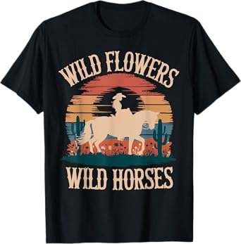 Vintage Sunset Western Country Wild Flowers - Wild Horses T-Shirt