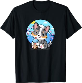 Funny Boba Bubble Tea Cherry Sakura Blue Merle Corgi Lover T-Shirt
