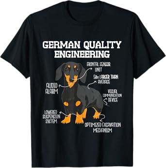 Funny Dachshund Shirts - German Engineering Dachshund Lover Wiener Dog Pet Breeder Unisex Adults Black Short Sleeve Crew Neck T-Shirt