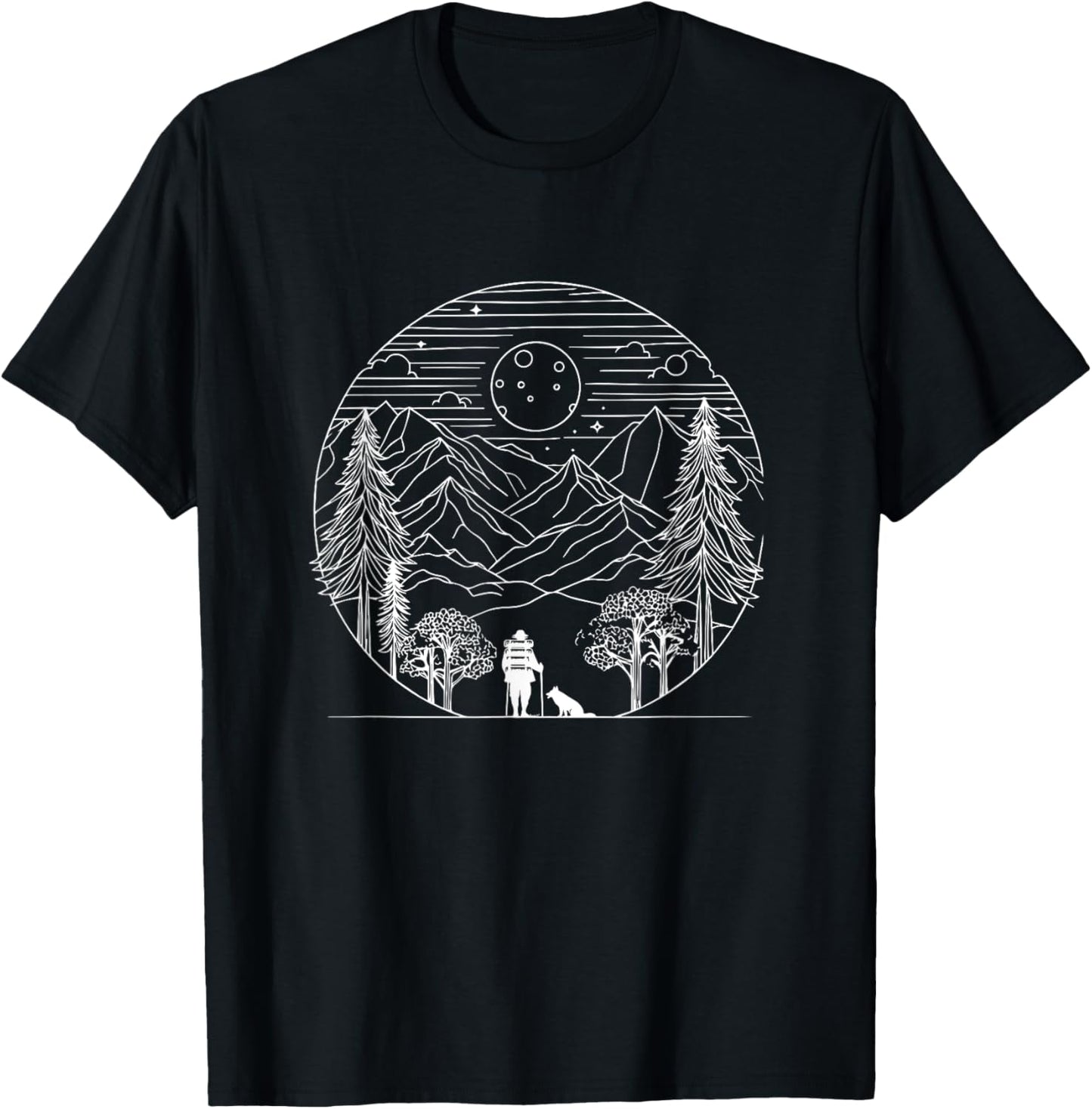 Wilderness Hiking Funny Mountain Night Scene Dog & Moon T-Shirt