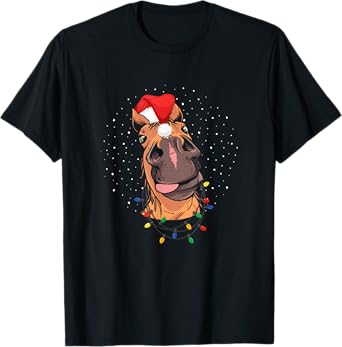 Horse Santa Hat Christmas Lights Riding Funny T-Shirt