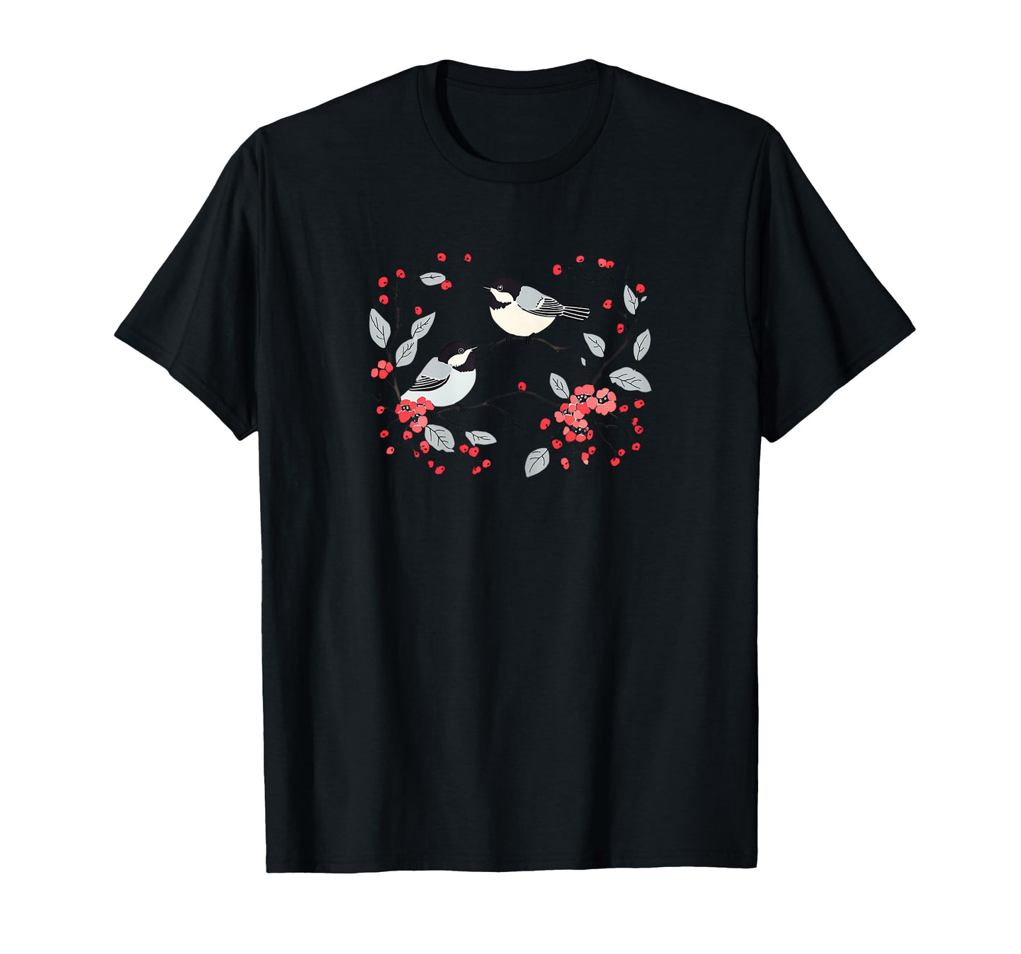 Romantic Chickadees Floral Wreath and Red Berries T-Shirt