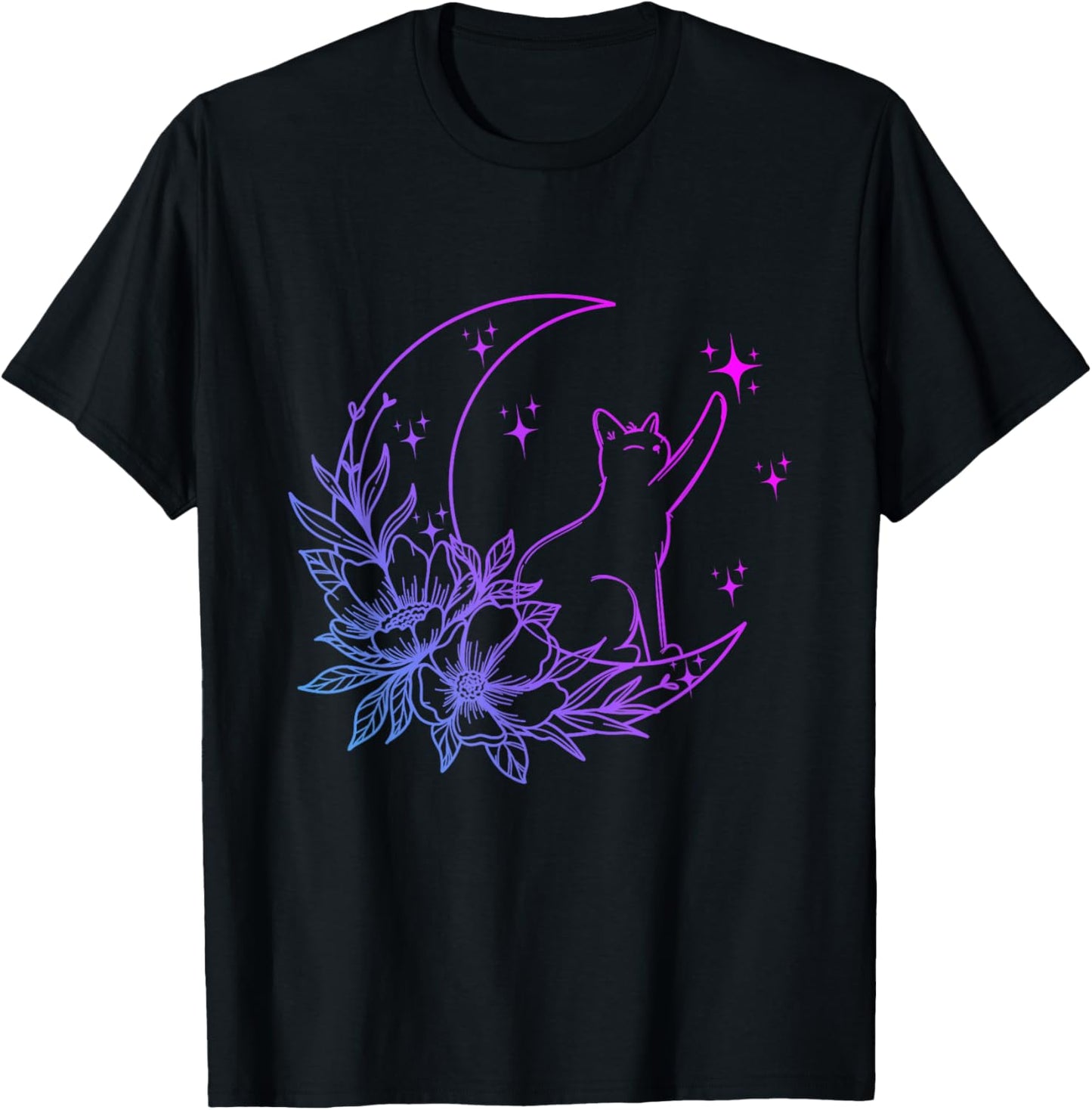 Cat Sitting On Crescent Moon Flowers Stars Women Girls Kids T-Shirt