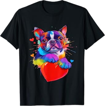 Boston Terrier Shirt - Colorful Boston Terrier Heart Graphic T-Shirt
