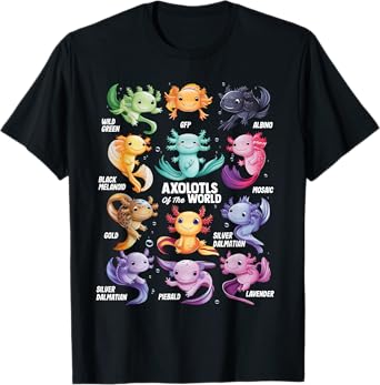 Axolotls of the World Colorful Cute Salamander Design T-Shirt