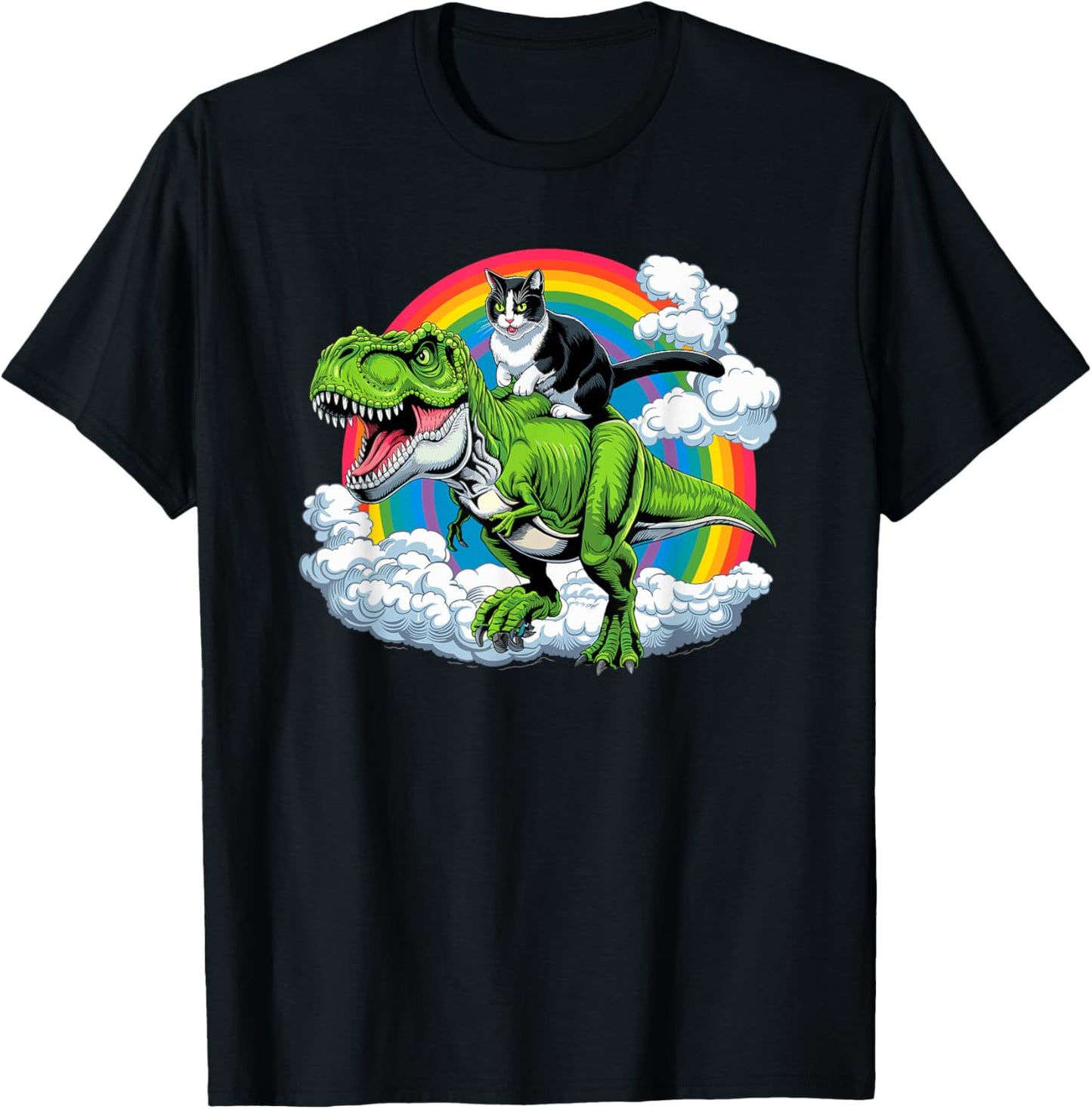 Funny Cat Riding Dinosaur T-Rex & Rainbow Cats Joke Men Women Kids T-Shirt