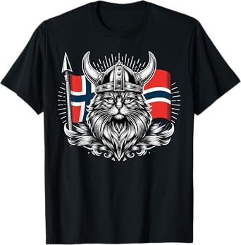 Viking Cat Norwegian Norway Flag Cat T-Shirt for Men Women Girls Kids