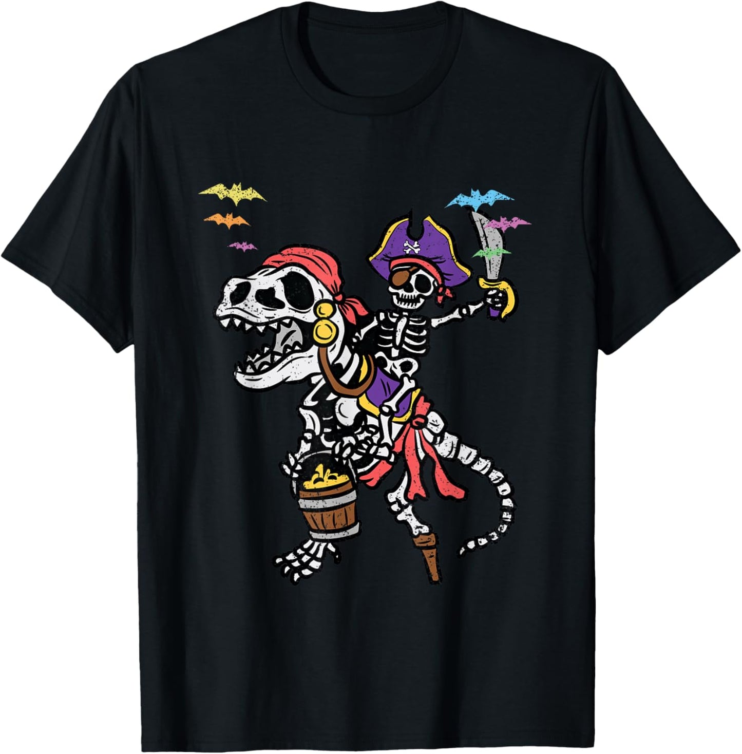 Skeleton Pirate Riding T-Rex Halloween Costume Dinosaur Boys T-Shirt