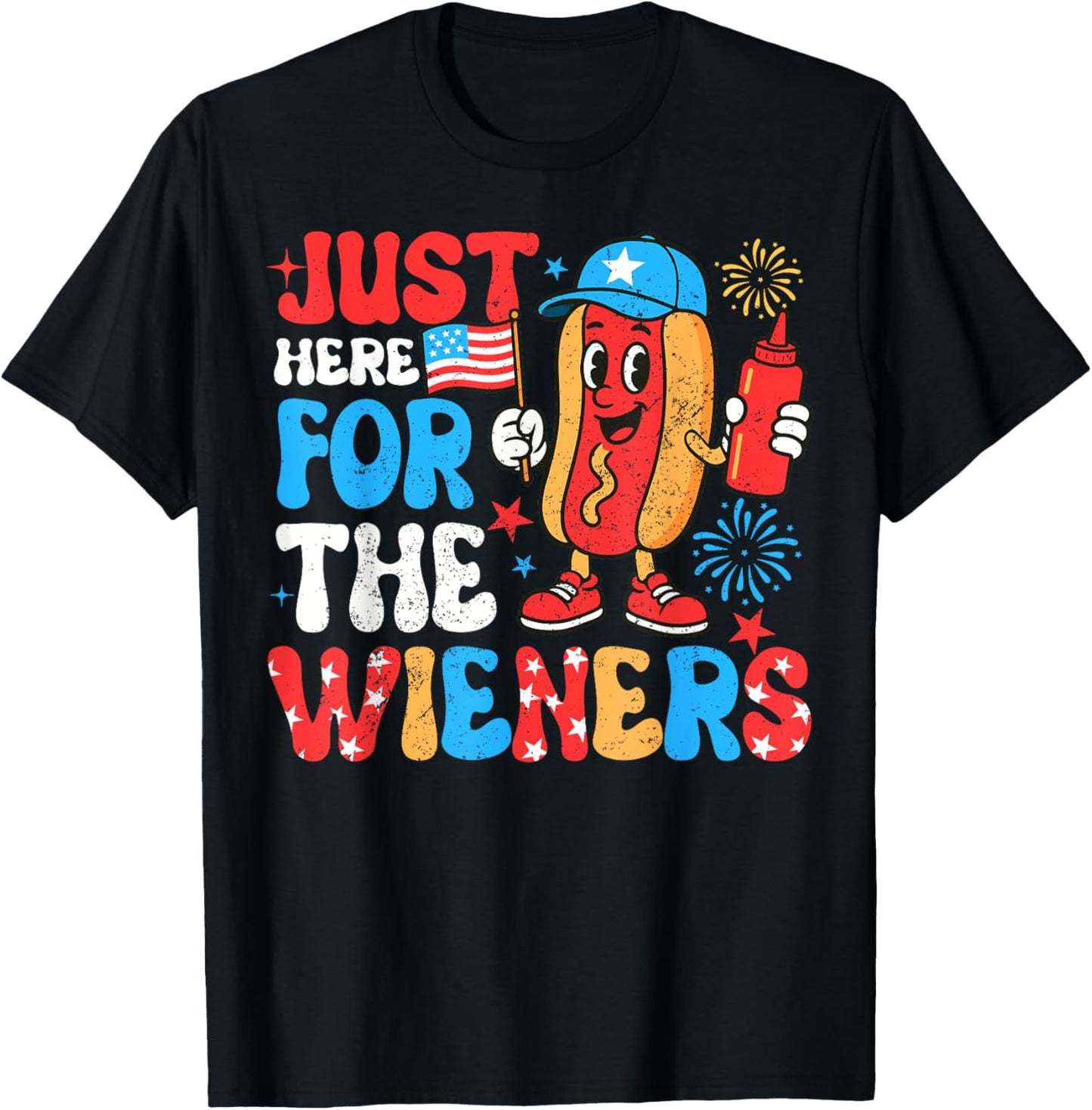 Retro Just Here For The Wieners 4th of July Funny Hot Dog T-Shirt