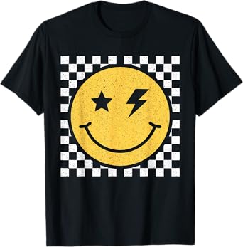 Retro Yellow Happy Face Checkered Pattern Smile Face Trendy T-Shirt