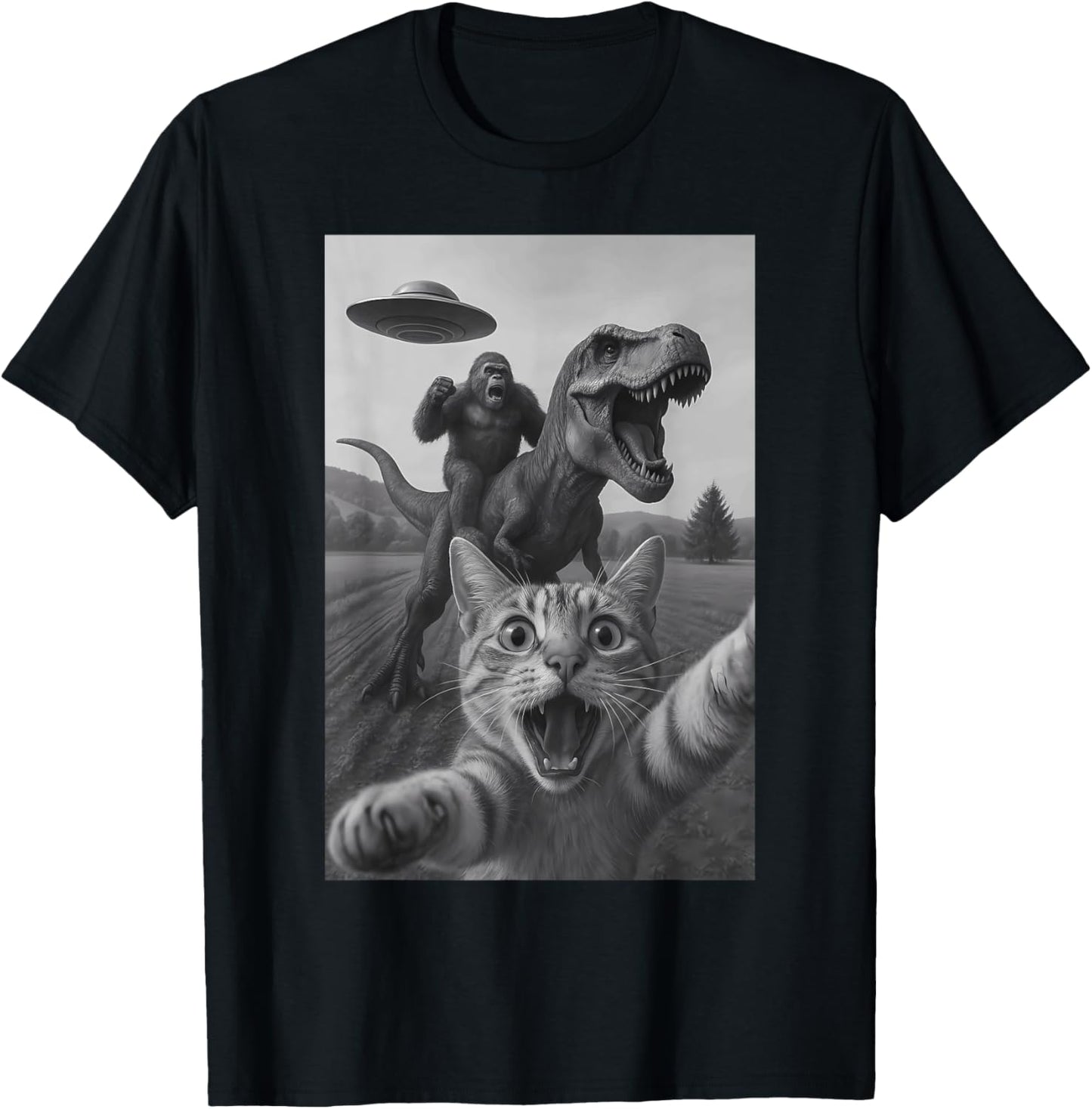 Funny Surprised Scared Cat Selfie T-Rex Dinosaur Bigfoot UFO Men Women Kids T-Shirt