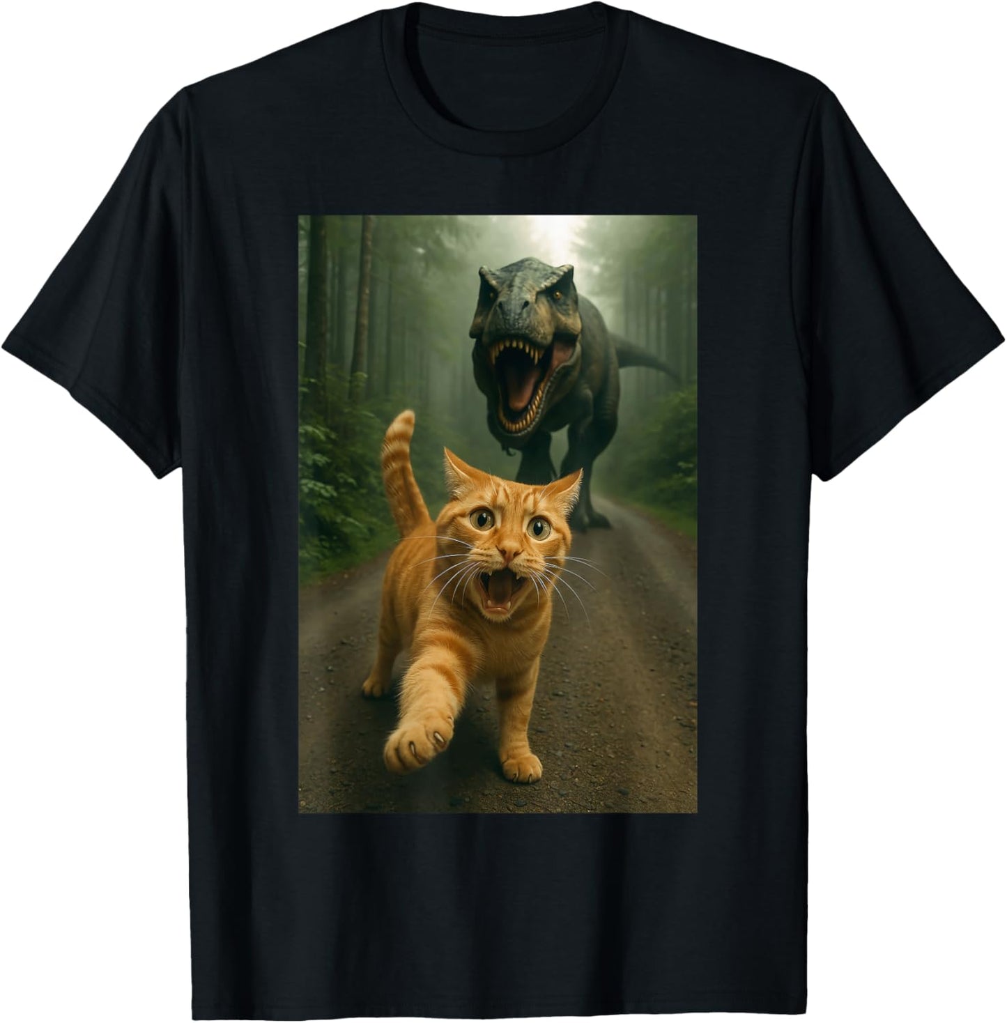 Funny Surprised Scared Cat Selfie T-Rex Dinosaur Men Women Kids T-Shirt