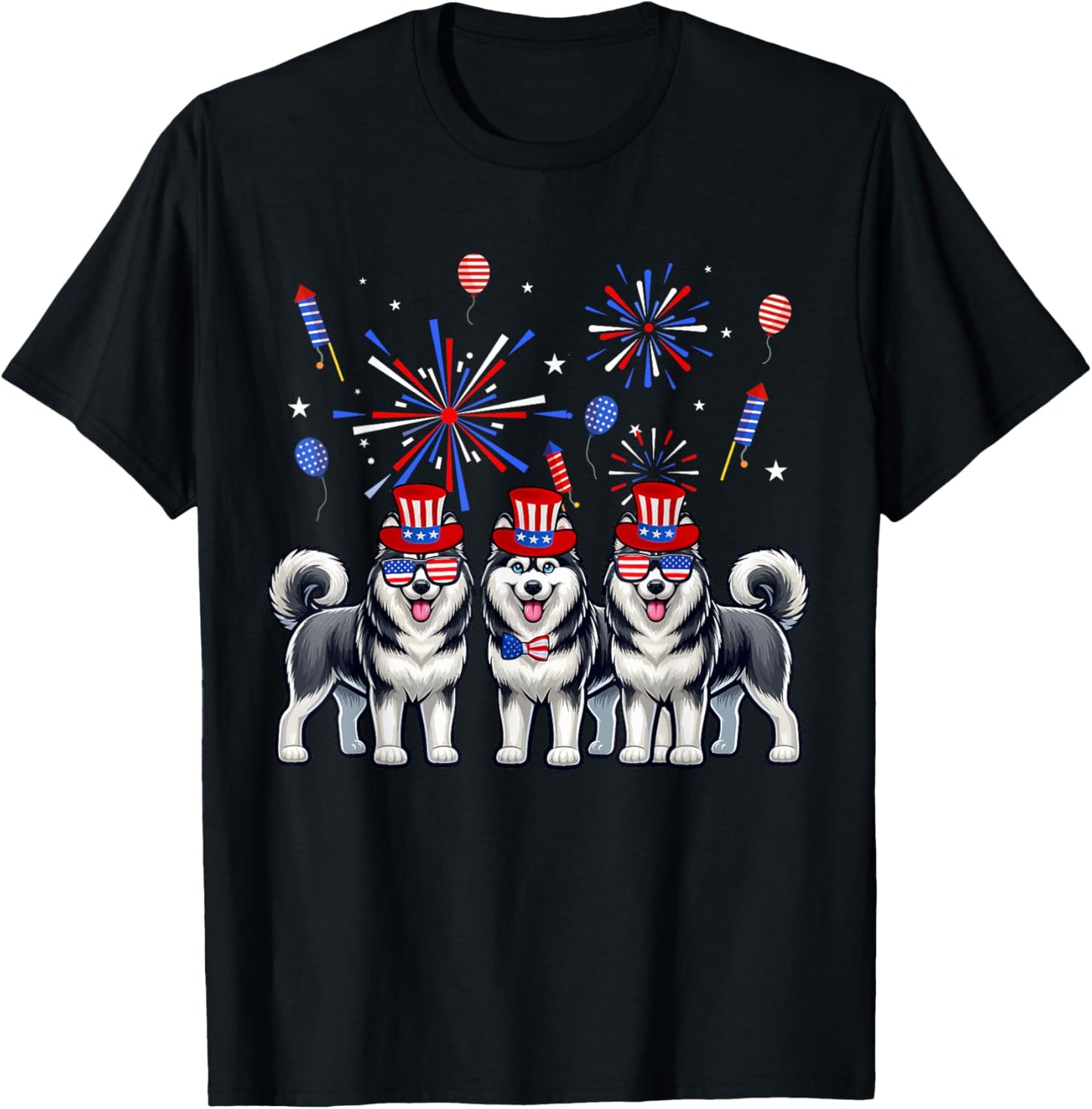 Three Cute Huskies Sunglasses American Flag 4th Of July T-Shirt