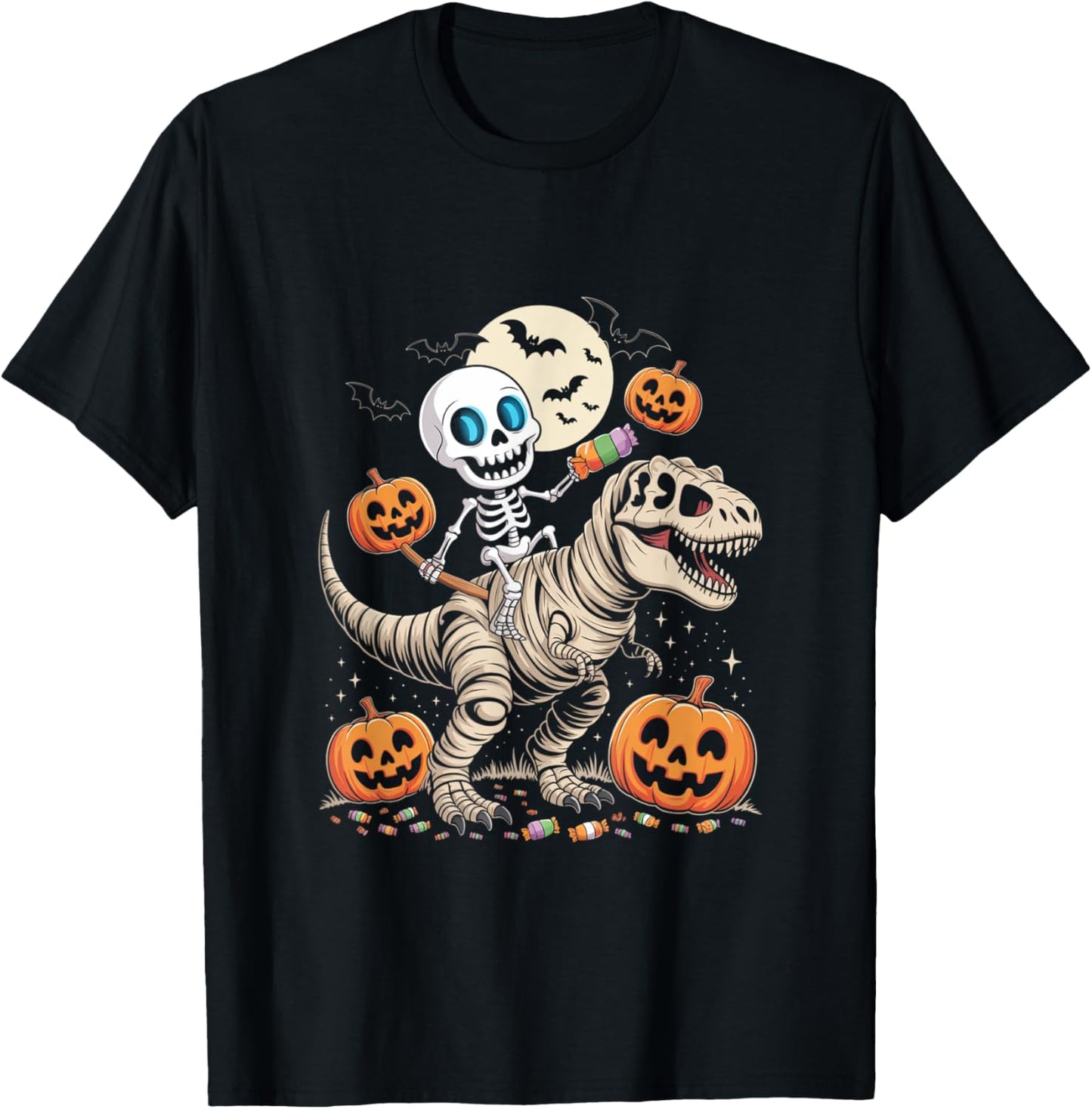 Skeleton Riding Dinosaur T Rex Halloween Trick or Roar T-Shirt