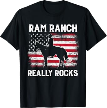 Ram Ranch Really Rocks Western Cowboy Horseback USA Flag T-Shirt