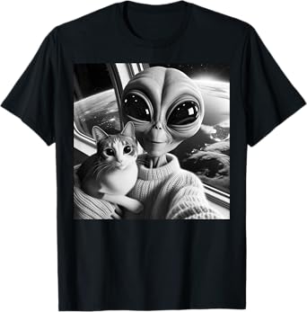 Cute Alien Cat Selfie Funny UFO Earth Photo T-Shirt for Men Women Girls Kids