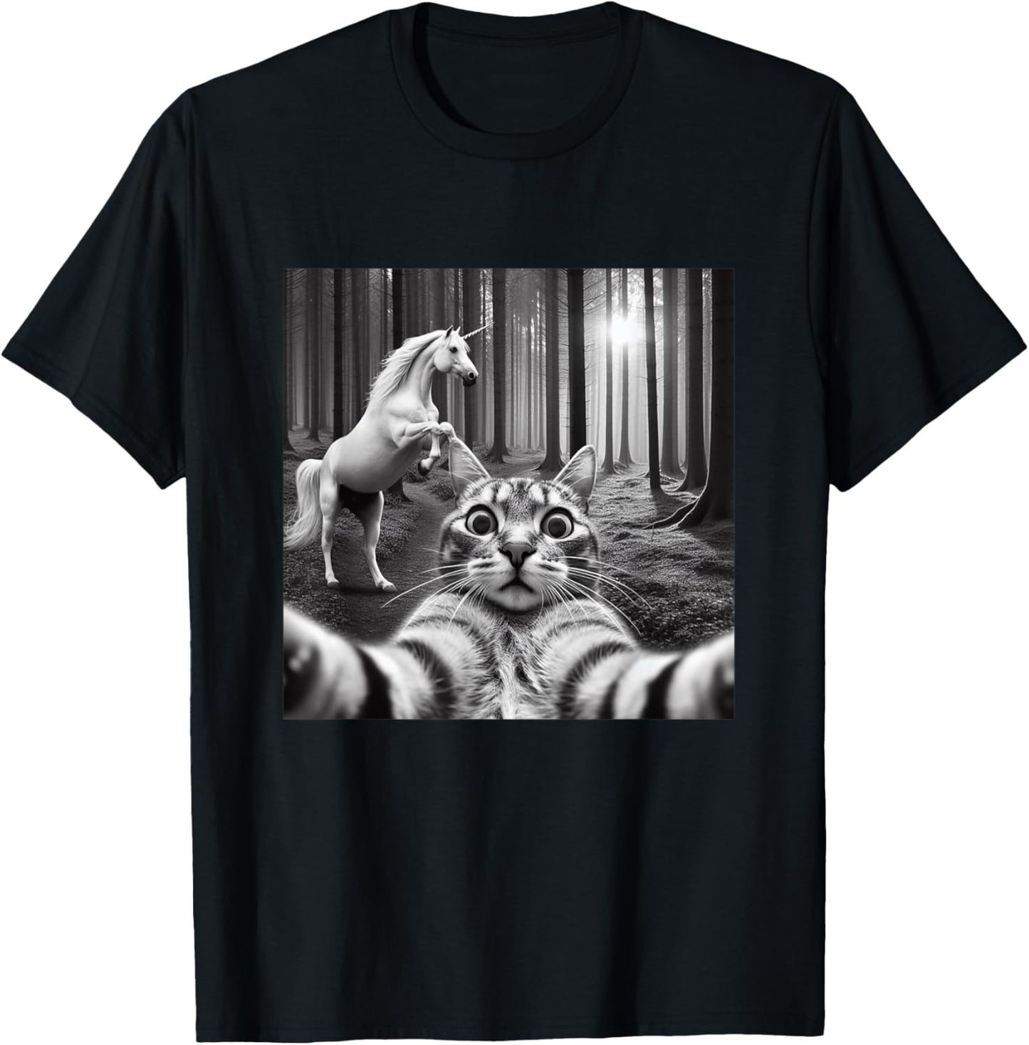 Funny Surprised And Scared Cat Taking Selfie With Unicorn T-Shirt