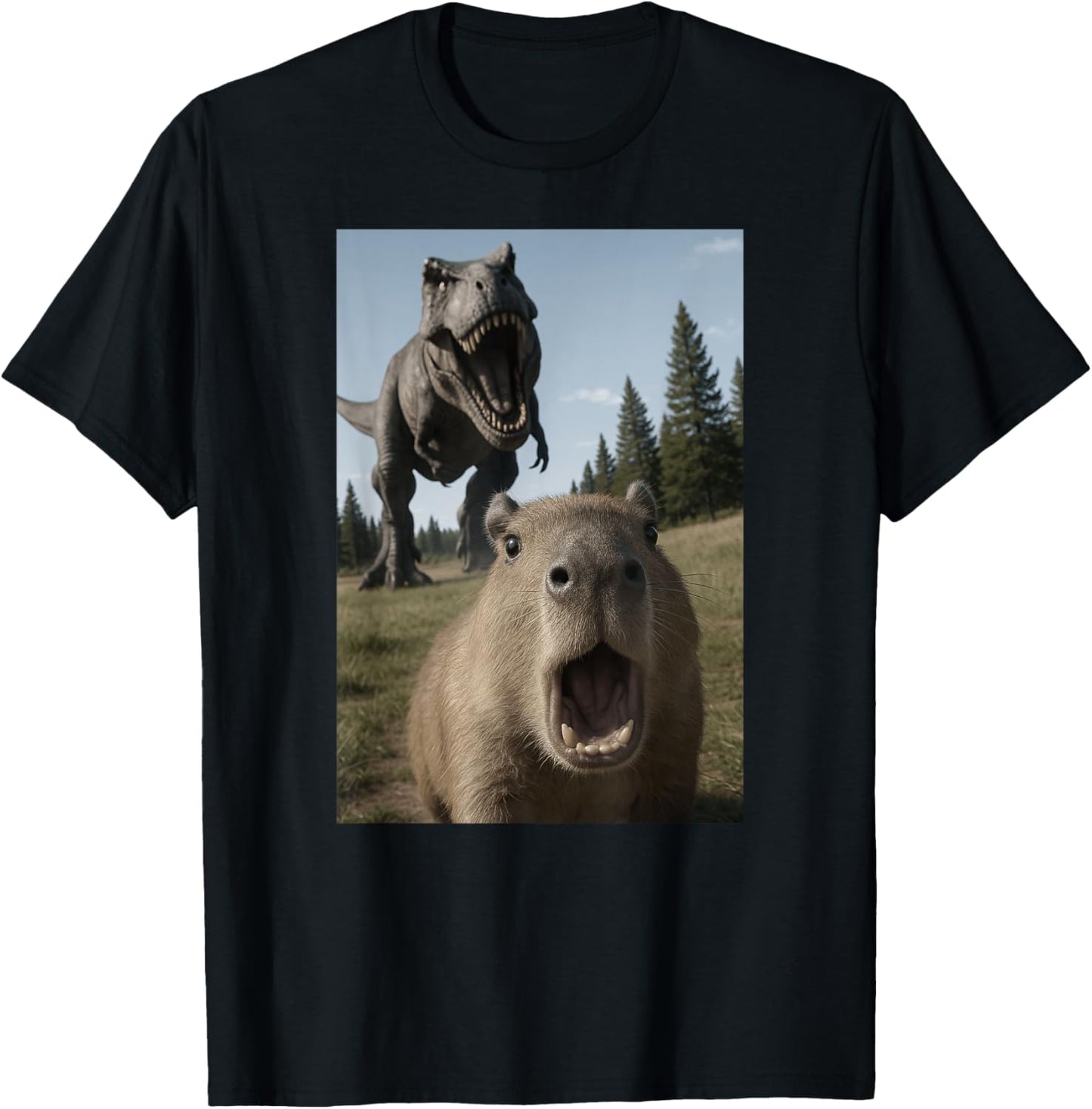 Funny Capybara Dinosaur Trex Selfie Animal Lover Boys Girls T-Shirt