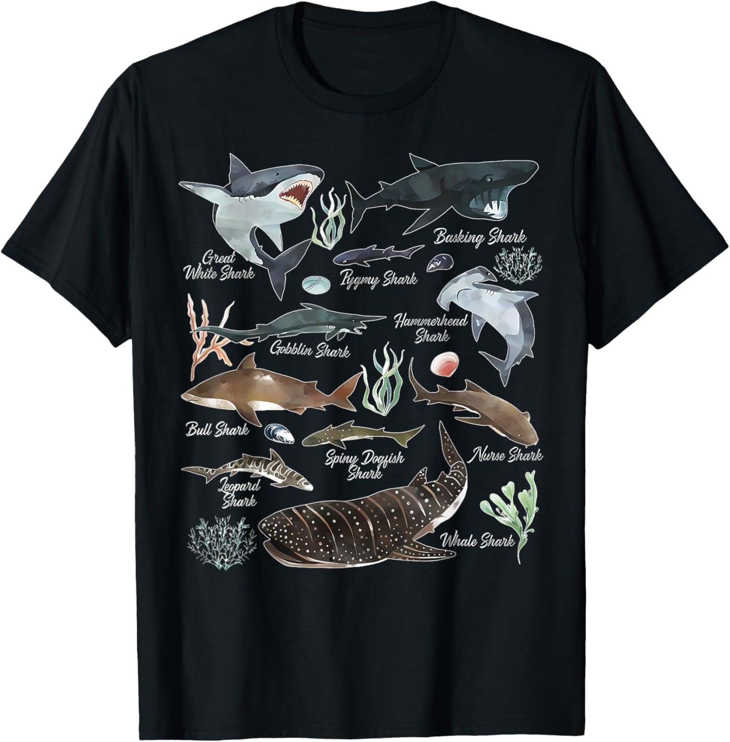 Types Of Sharks Educational Colorful Ocean Marine Sea T-Shirt