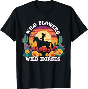 Girl Horse Riding Wild Flowers Wild Horses Sunset Cowgirl T-Shirt