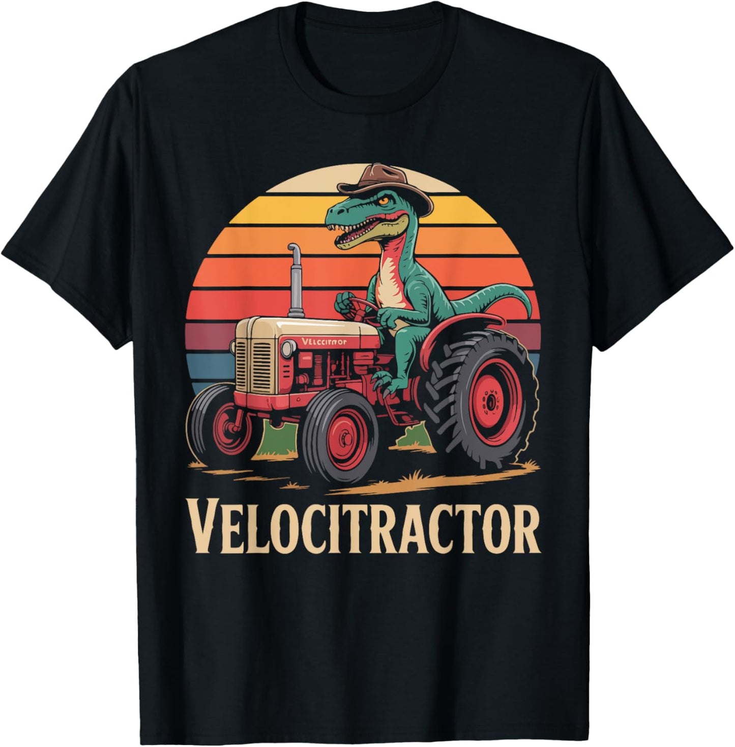 Velocitractor Dinosaur Sunset Retro Fun T-Shirt