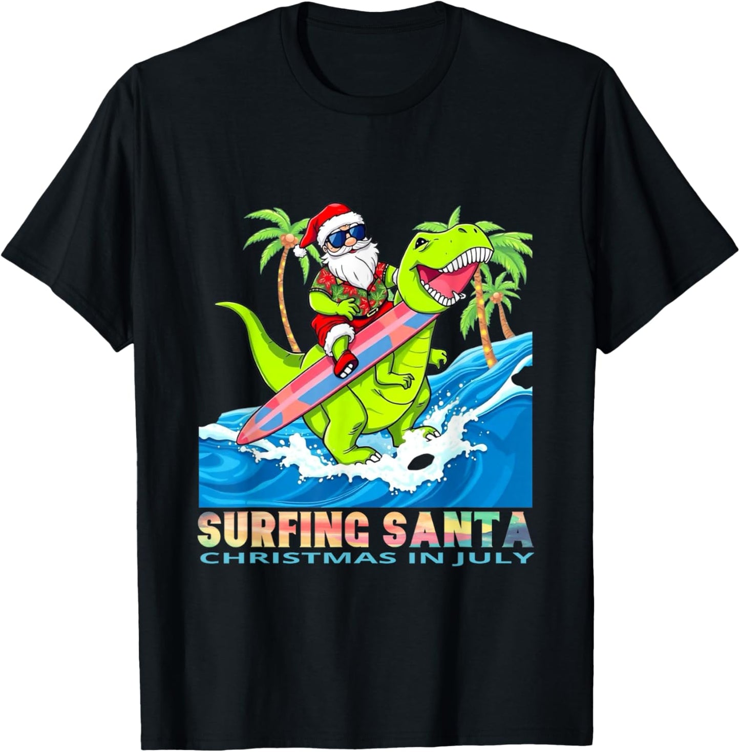 Surfing Santa Dinosaur Christmas in July graphic Fun T-Shirt