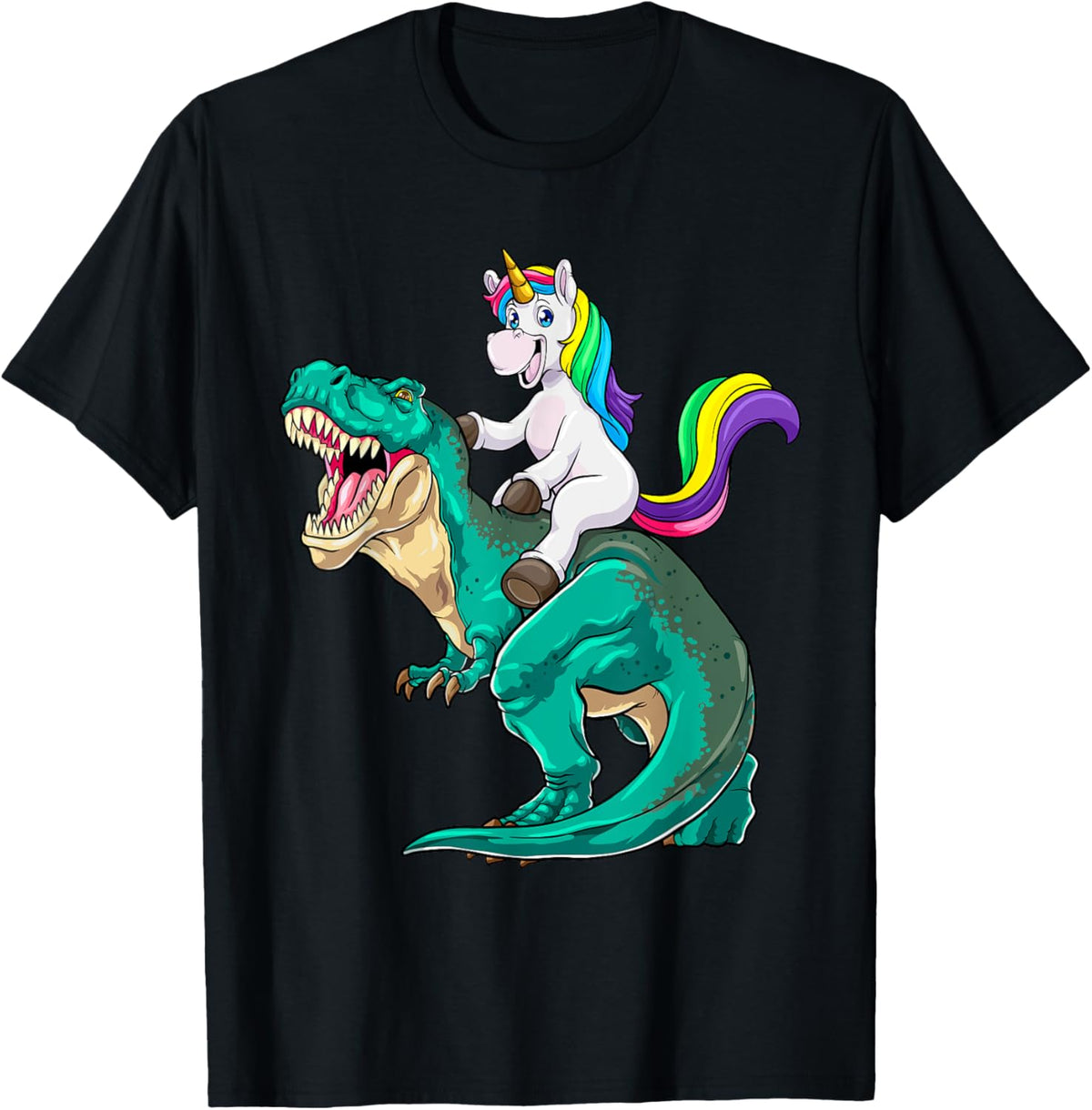 Unicorn Riding T rex Dinosaur Boys Girls Men Women Rainbow T-Shirt