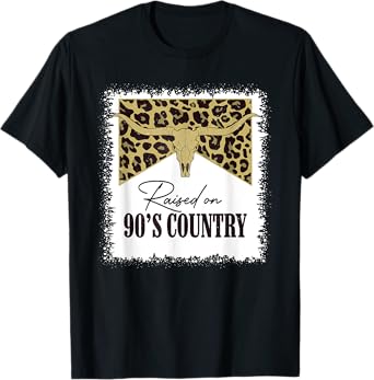 Raised On 90's Country Vintage Bull Skull Leopard Bleached T-Shirt
