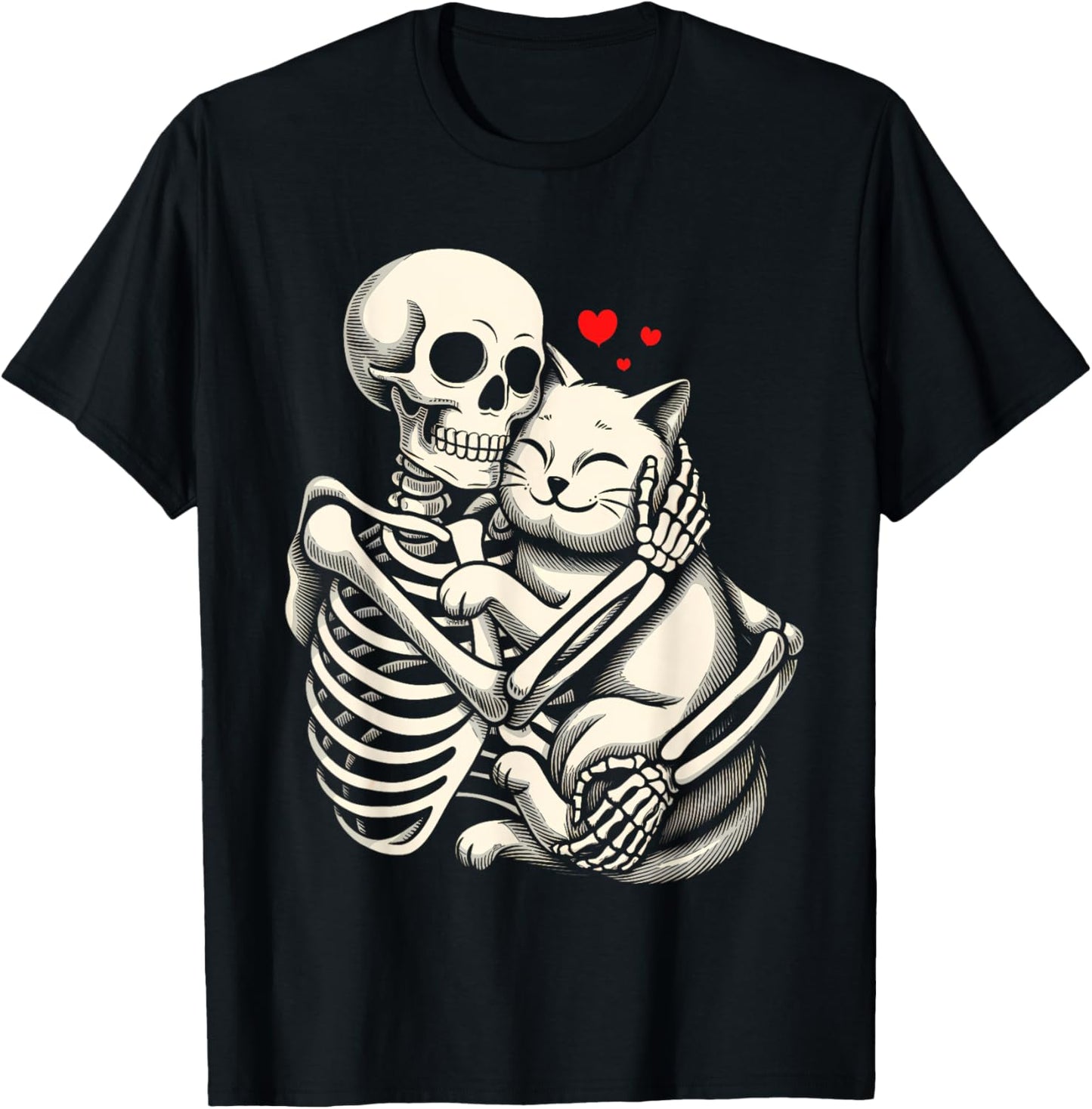 Skeleton Hugging Cat Halloween Cat Lover Cat Mom Dad T-Shirt