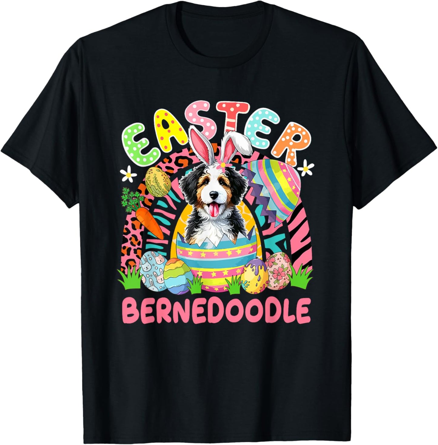 Easter Bunny Bernedoodle Inside Eggs Leopard Rainbow T-Shirt