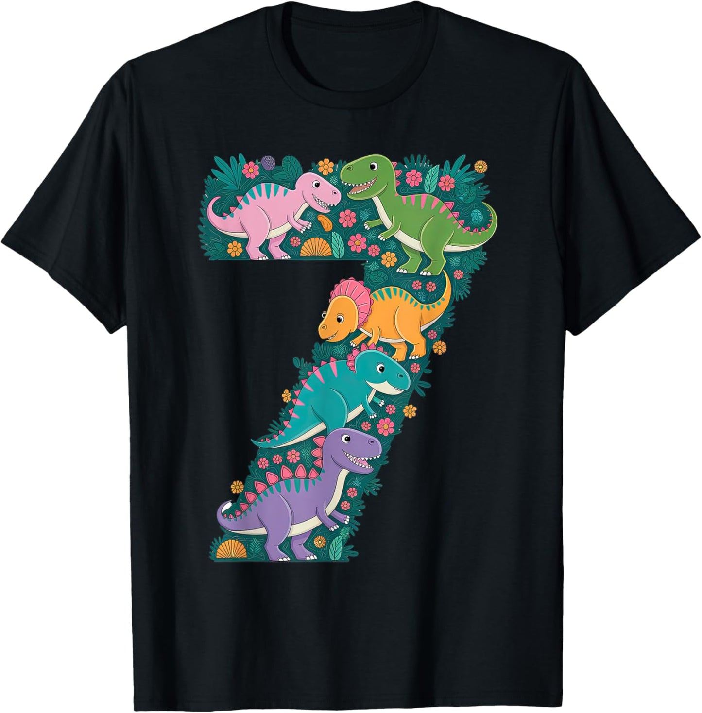 Roaring into 7 Seven Year Old Dinosaur Birthday 7th Seventh T-Shirt