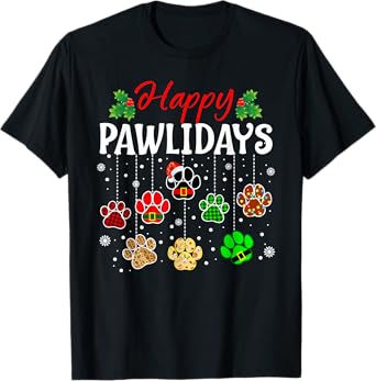 Happy Pawlidays Funny Christmas Dog Paw Xmas Dogs Lover Gift Men Women Kids T-Shirt