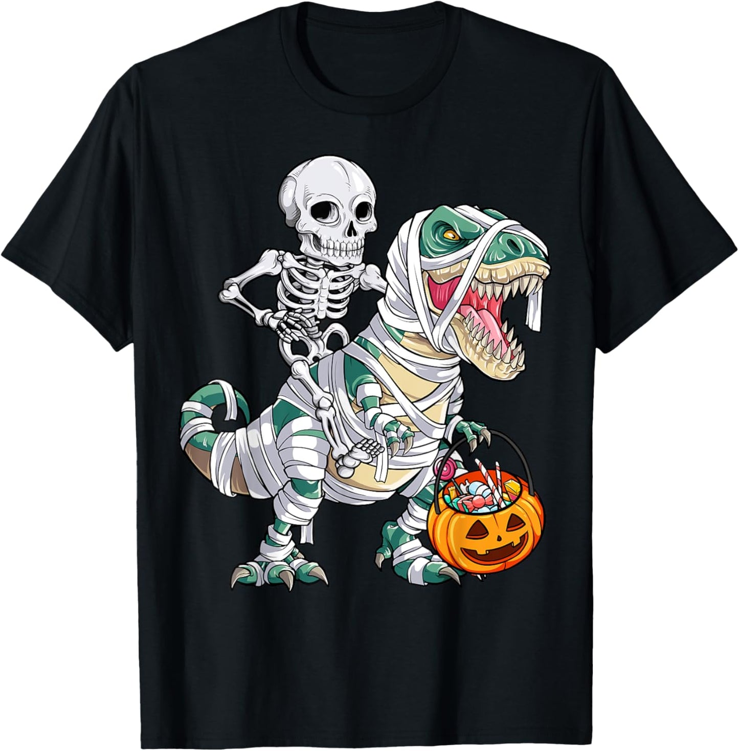 Skeleton Riding Mummy Dinosaur T rex Halloween Kids Boys Men T-Shirt