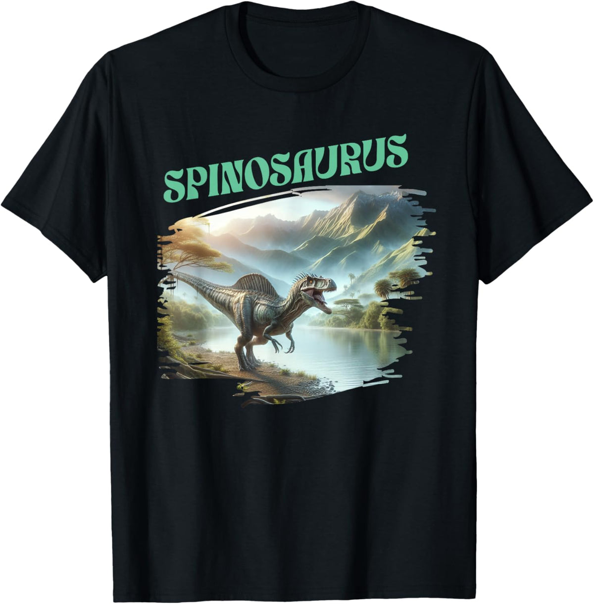 Spinosaurus Near River And Mountains, Prehistoric Dinosaur T-Shirt