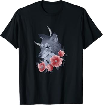Wolf with Half Moon and Pink Flowers Mystical Graphic T-Shirt