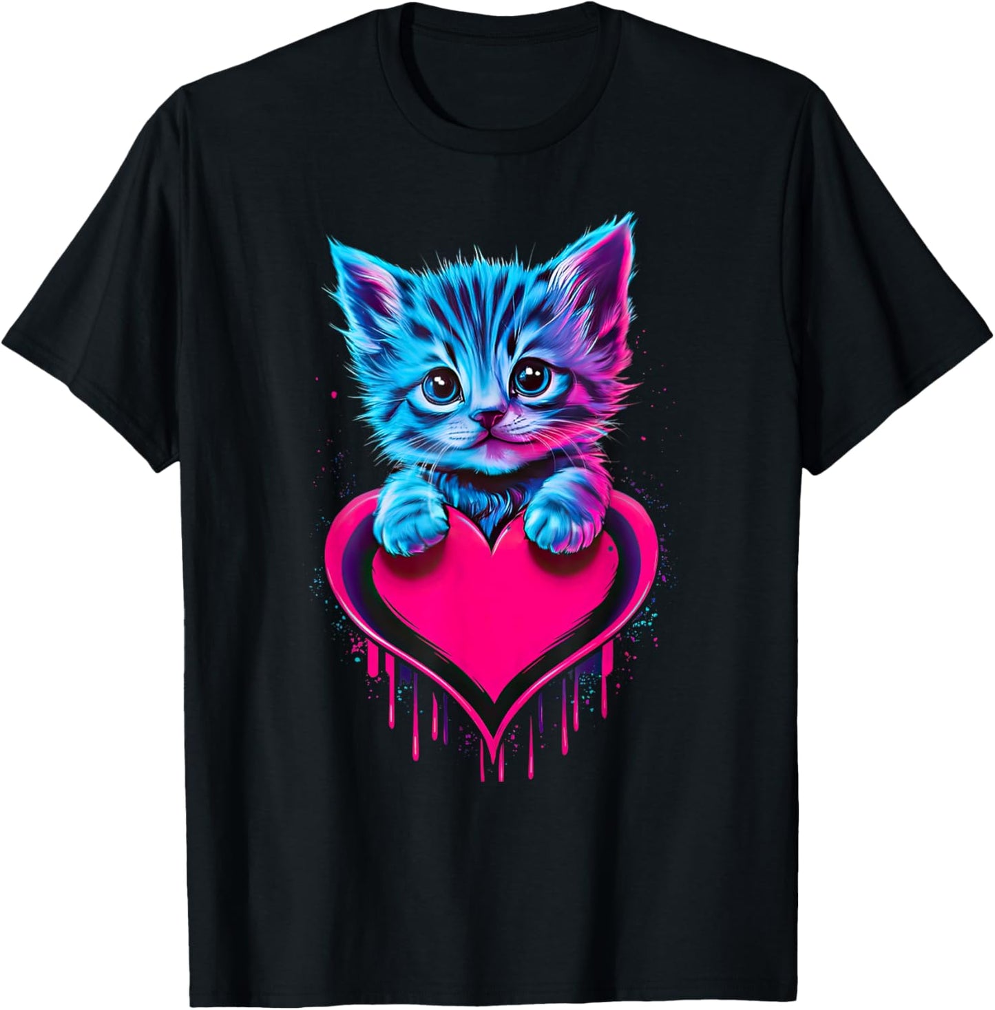 Funny Blacklight Glitch Art Cute Cat Kitten Valentine Heart T-Shirt