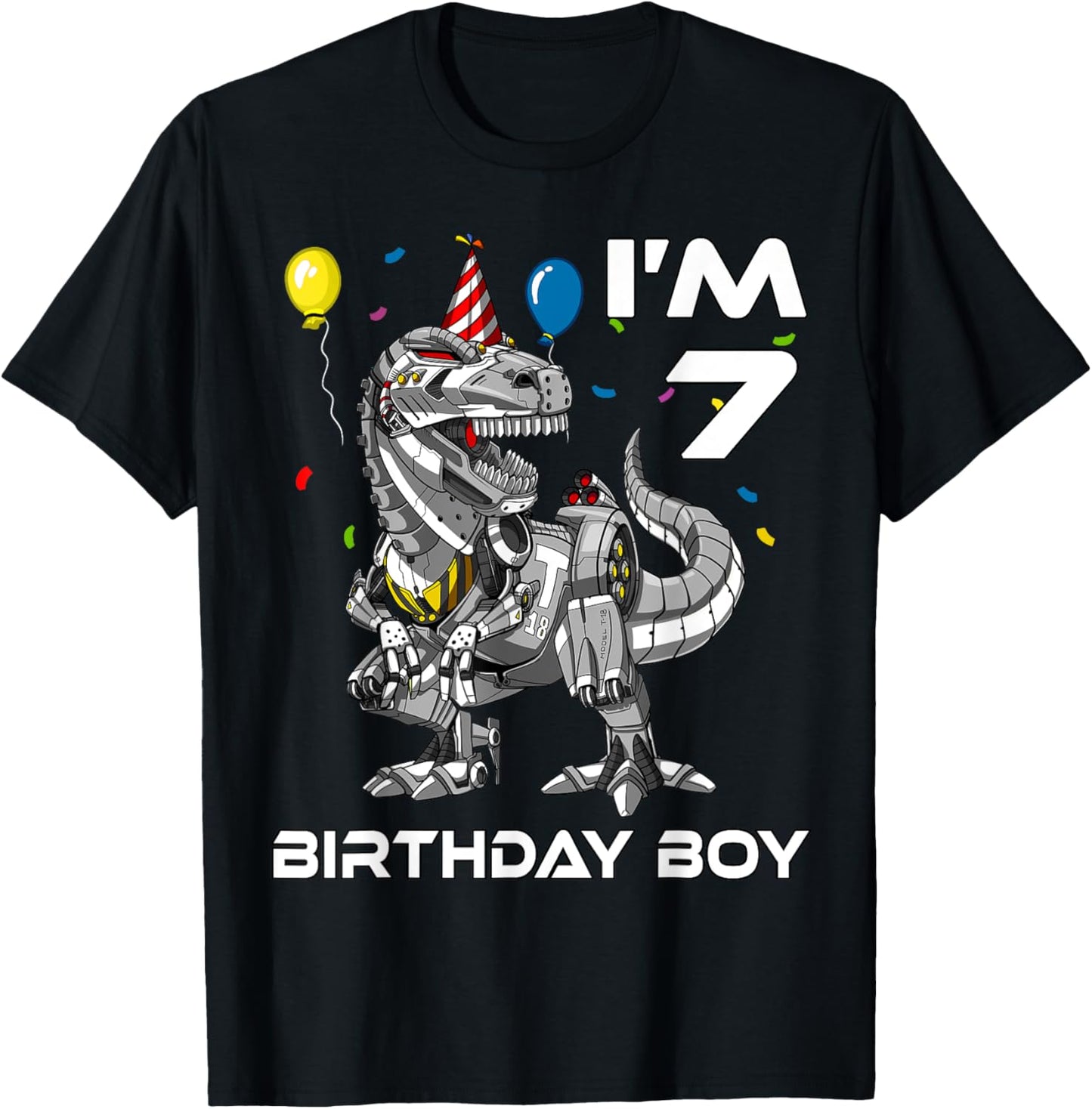 T-Rex Dinosaur Robot Birthday Boy 7 Year Old Kid Party T-Shirt