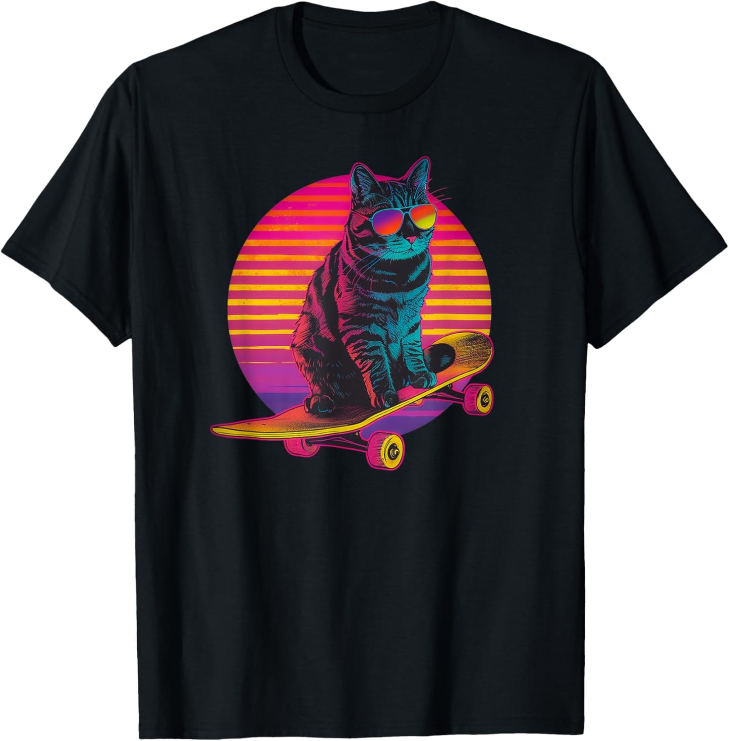 Retro Cat on Skateboard Retro Sunset T-Shirt
