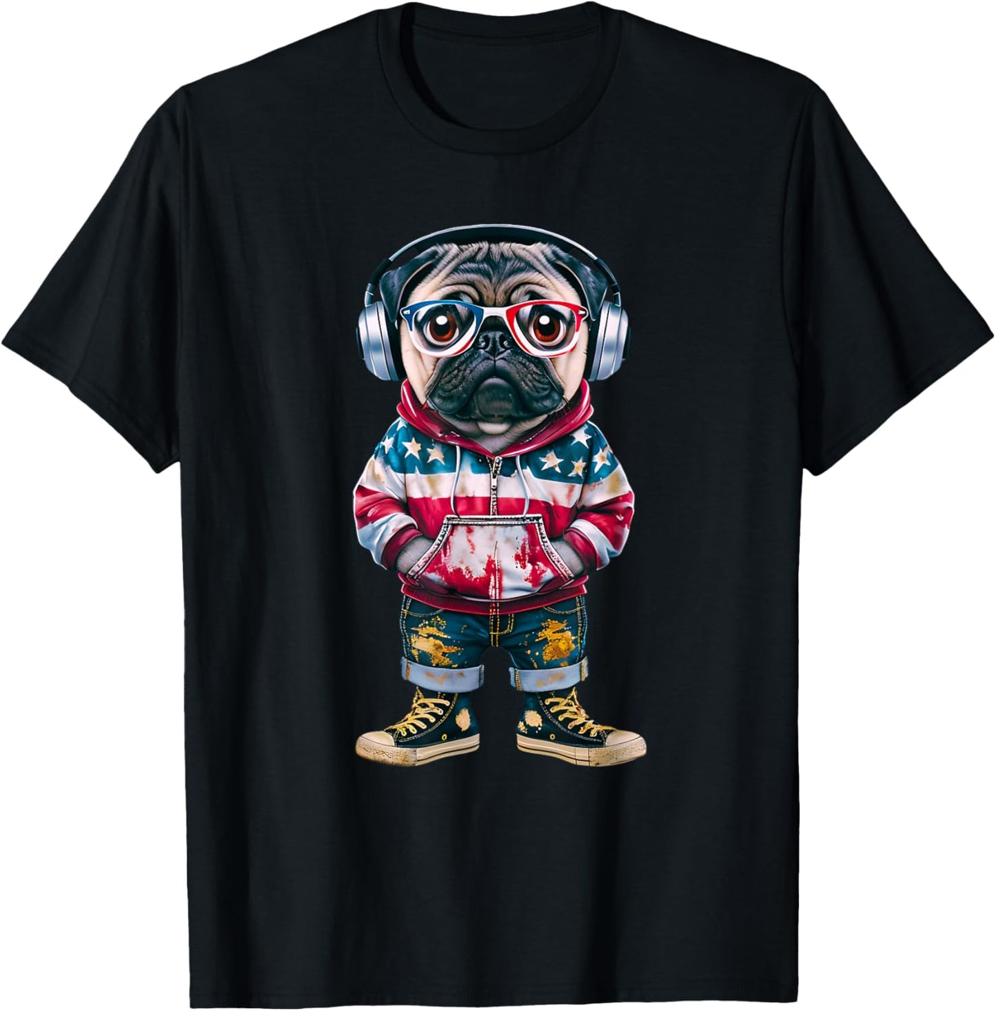 Patriotic Pug Headphones Style Dog Lover T-Shirt