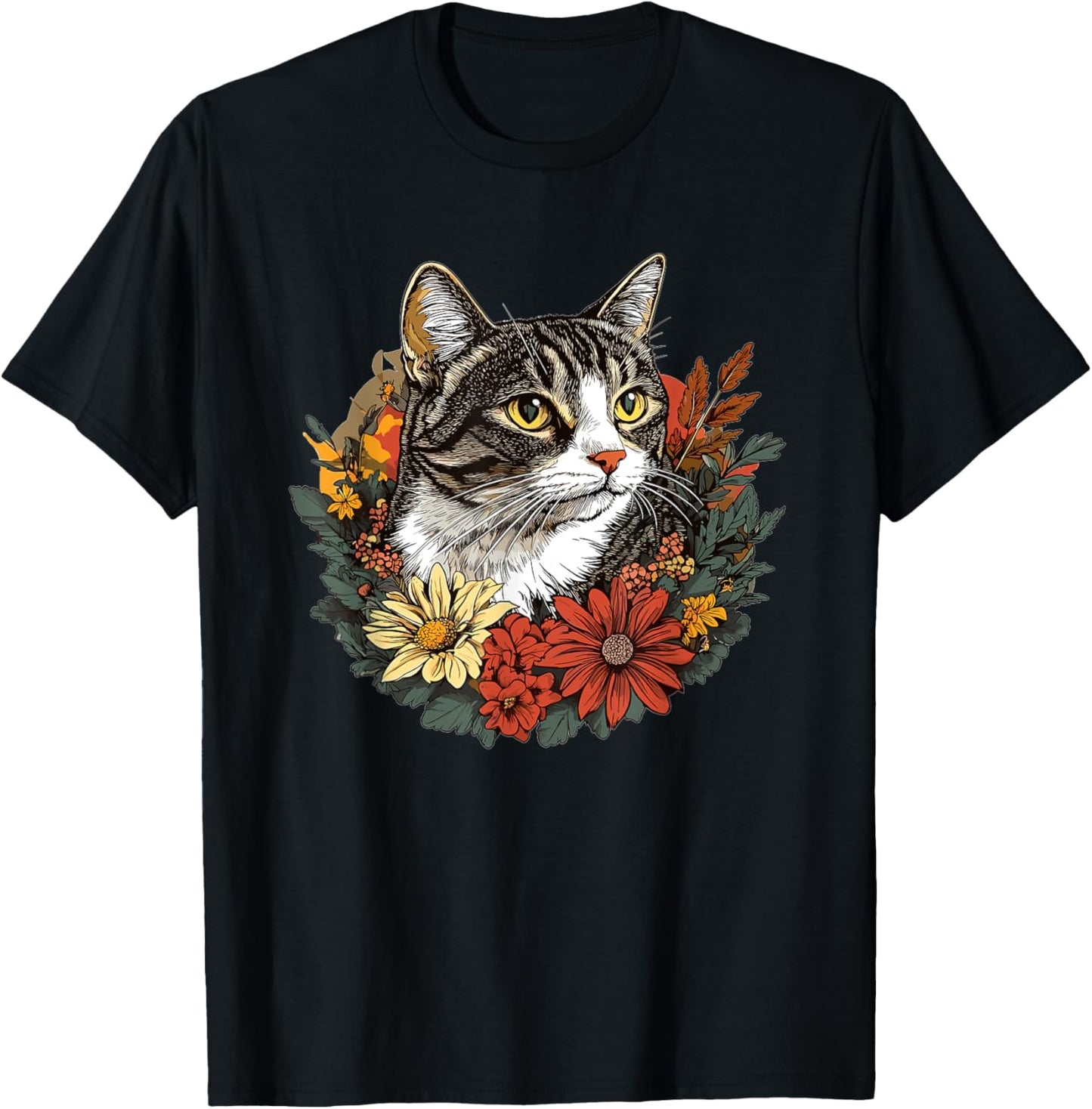 Tabby Cat Surrounded By Colorful Flowers T-Shirt