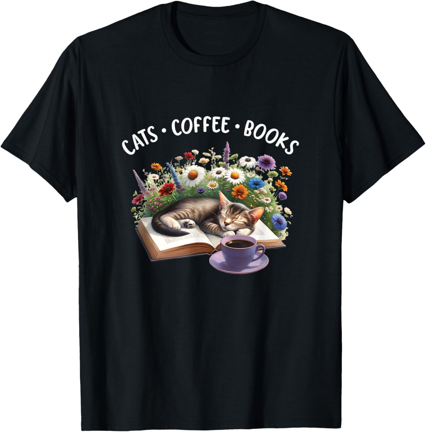 Funny Cats Coffee Books Design T-Shirt