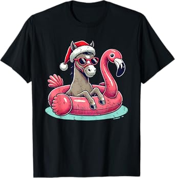 Funny Christmas in July Horse Mom Santa Flamingo Floatie T-Shirt
