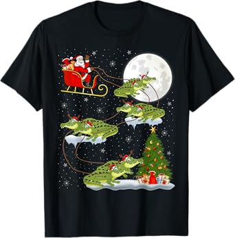 Funny Xmas Lighting Tree Santa Riding Alligator Christmas T-Shirt