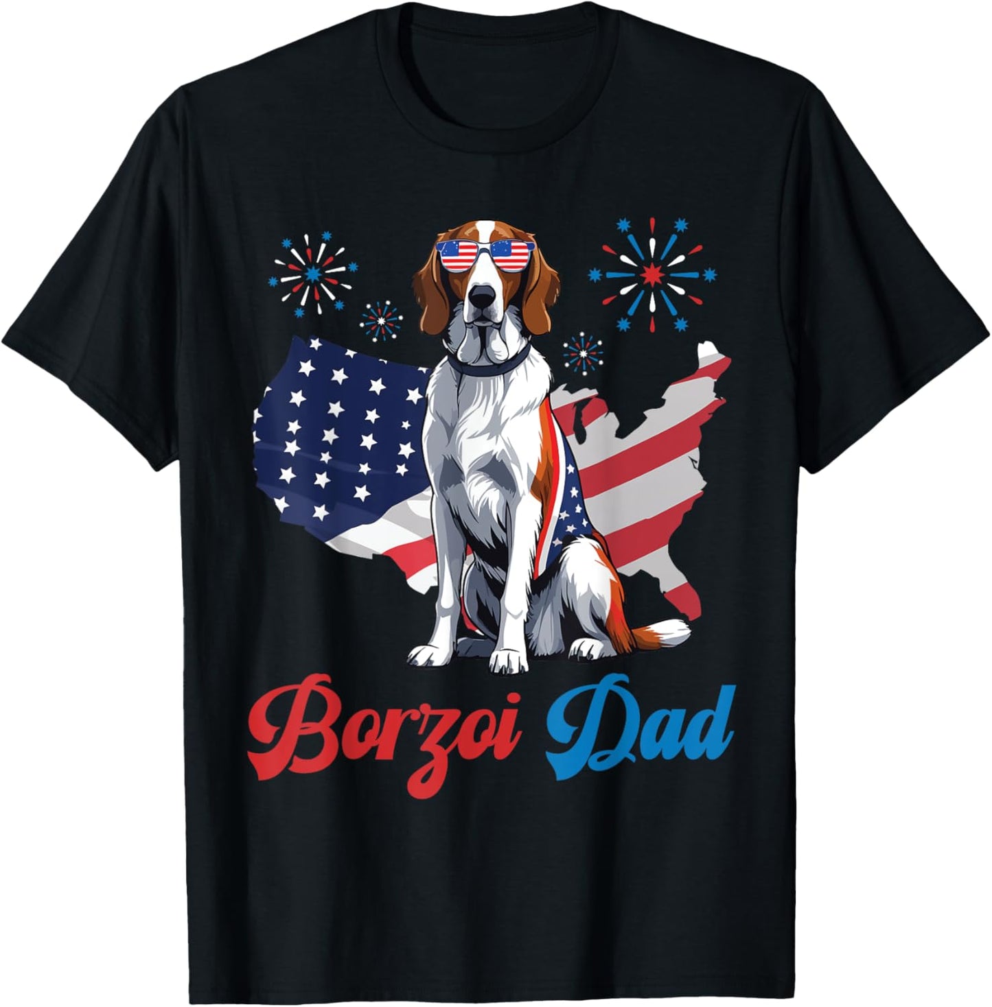 Borzoi Dog Dad Fireworks Independence Day American Father T-Shirt