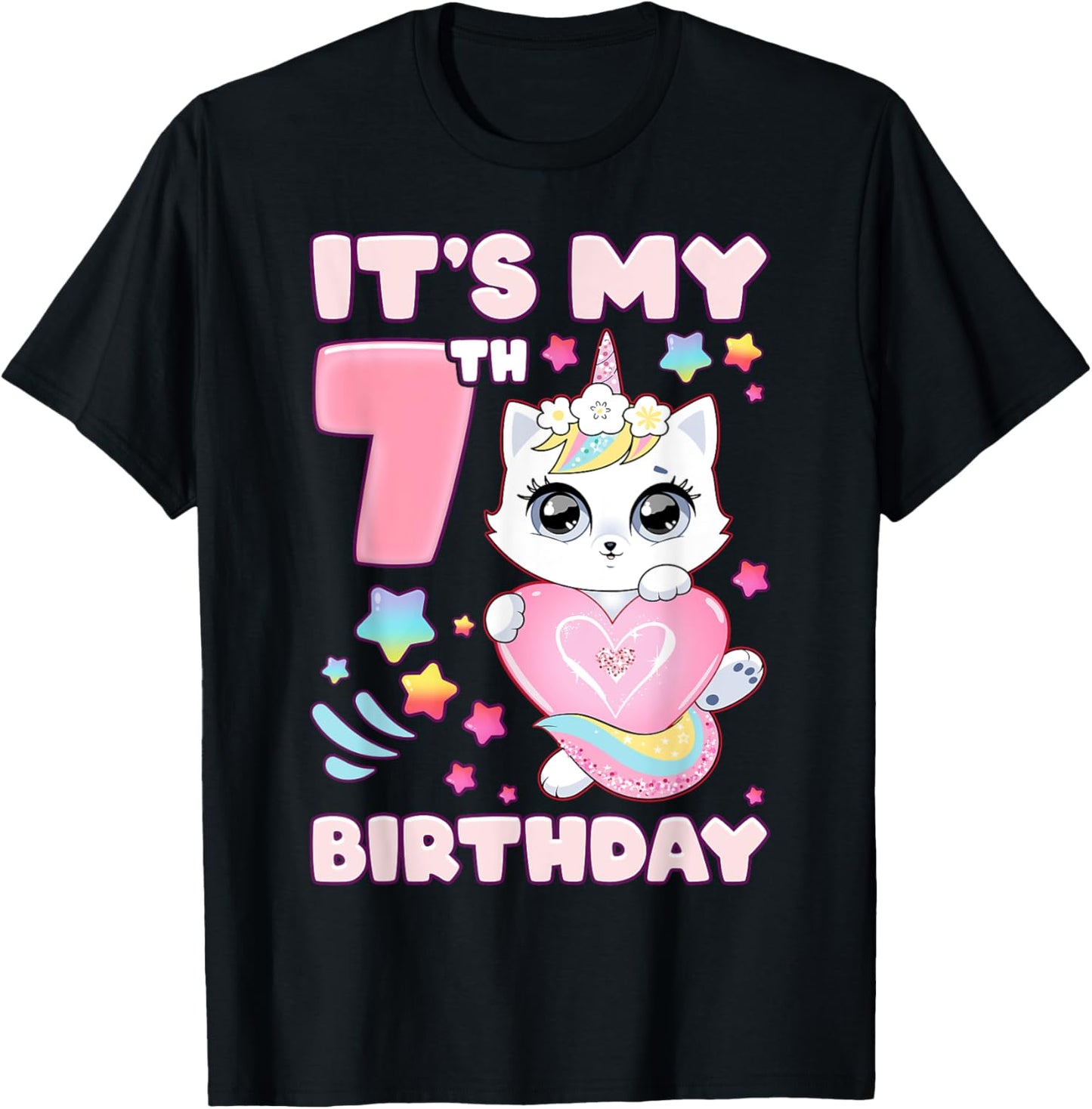 Birthday girl 7 years old, cat, unicorn, 7th birthday T-Shirt