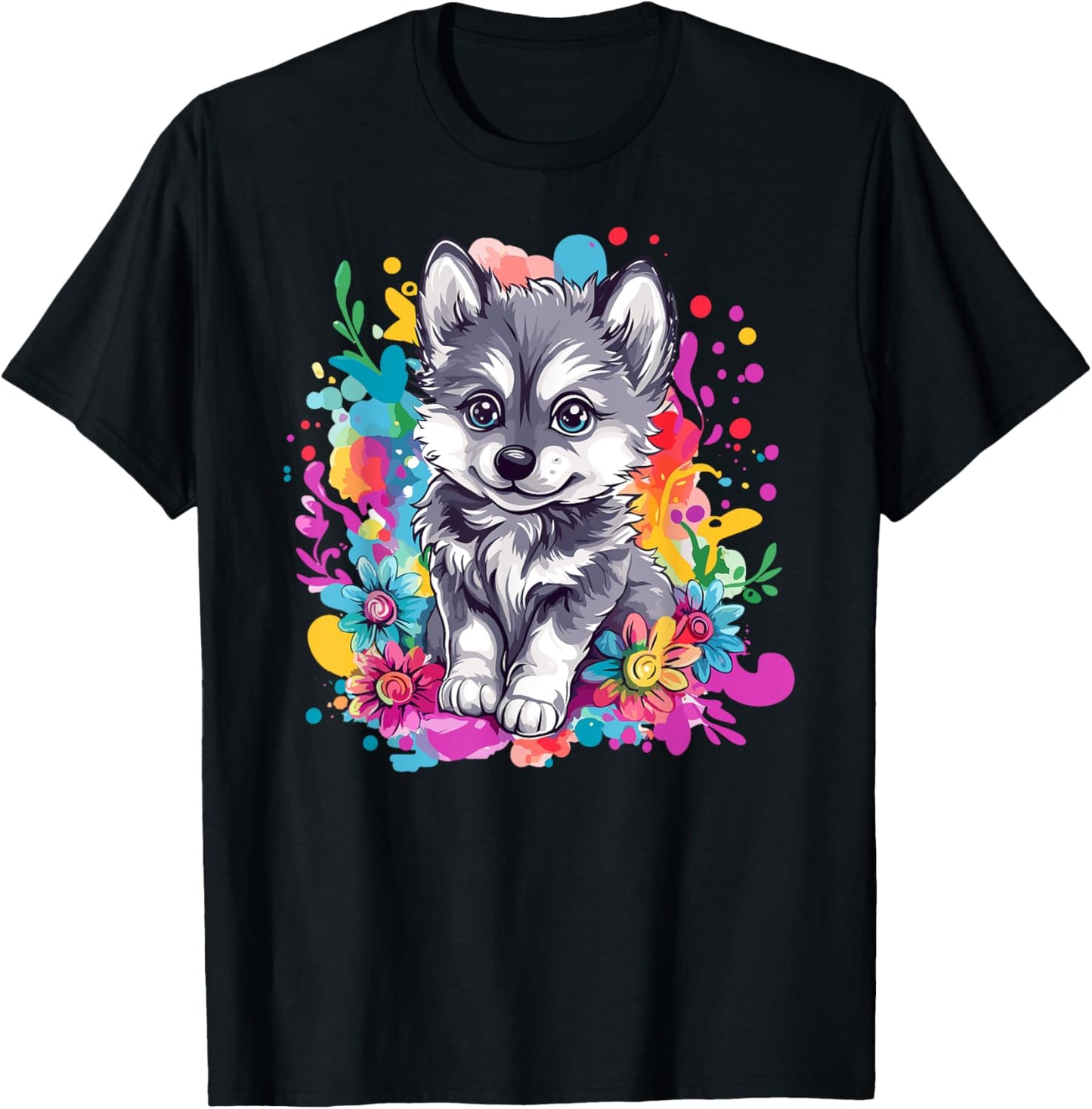 Cute Husky Puppy Floral Colorful Splash T-Shirt