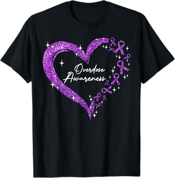 Overdose Awareness Purple Ribbon Drug Addiction Heart T-Shirt