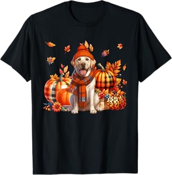 Labrador Retriever Thanksgiving Leopard Pumpkins Fall Leaves T-Shirt